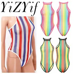 Womens Swimsuits Rave Rainbow Striped Fishnet Swimwear Bikini See Through Mesh Bodysuit Beachwear Dance Festivals Bathing Suit