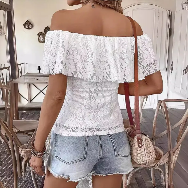 2026 New Summer Blouses Solid White One-line Collar Off-shoulder Ruffled Lace Slim Fit T-shirt Short-sleeve Top Shirt For Women