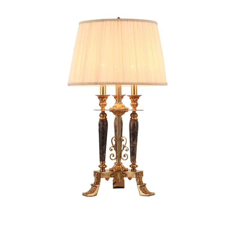 

French Villa Hotel Living Room Fabric Brass Table Lamp Bedside Mood Lamp European Marble Base Copper Study Desk Light