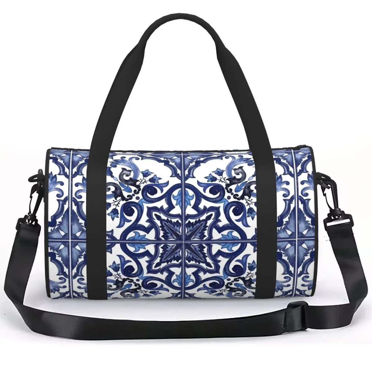Blue Ornate Floral Mediterranean Sicilian Tile Luggage Bag Large Capacity Duffle Tote Bag Handbags Gym Bags Fitness