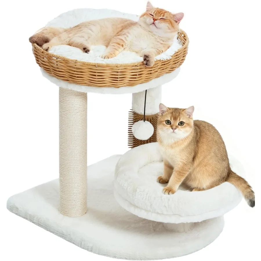 

PE Rattan Cat Tree Tower with Scratching Post for Small Cats and Kittens Handwoven Wicker Basket Bed with Soft Cushion Cozy Cat