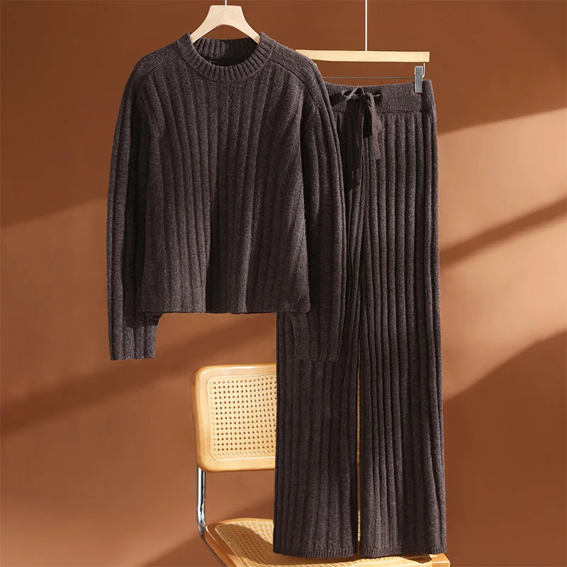 Relaxed Saddle Shoulder Round Neck Sweater Drawstring Pants Soft Warm Women Merino Wool Sweater Tracksuit Loose Rib Knit Outfit
