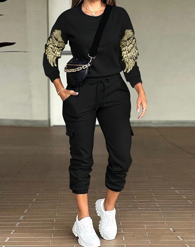 

Women Sporty Style Suits 2024 Summer Late Round Neck Graphic Pattern Contrast Sequin Long Sleeve Top&drawstring Cuffed Pants Set