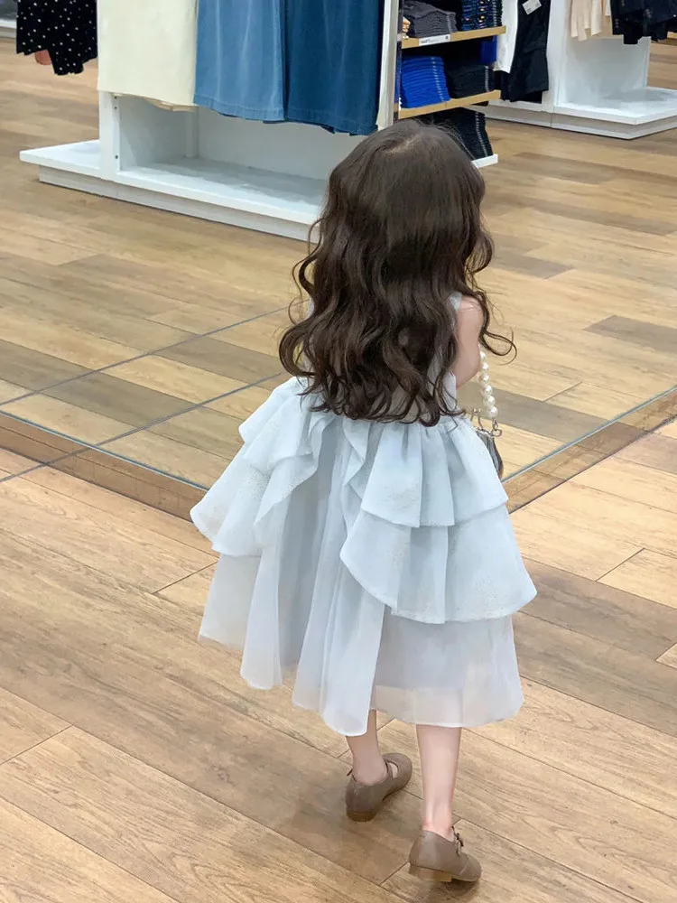 فستان بناتي صيفي بنمط جديد فستان الأميرة لطيف وحلو بدون أكمام تنورة منتفخة شبكية ملابس أطفال كورية