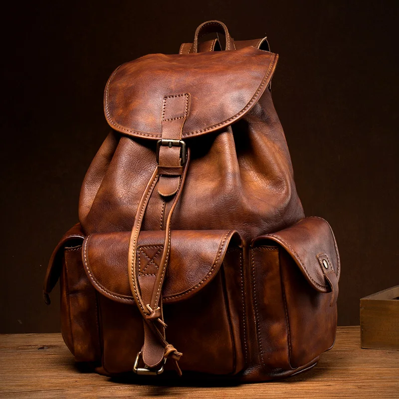 Men luxury designer vintage Backpack Soft handmake Distressed Cognac Leather Rucksack Knapsack With Pockets Gifts for man bag