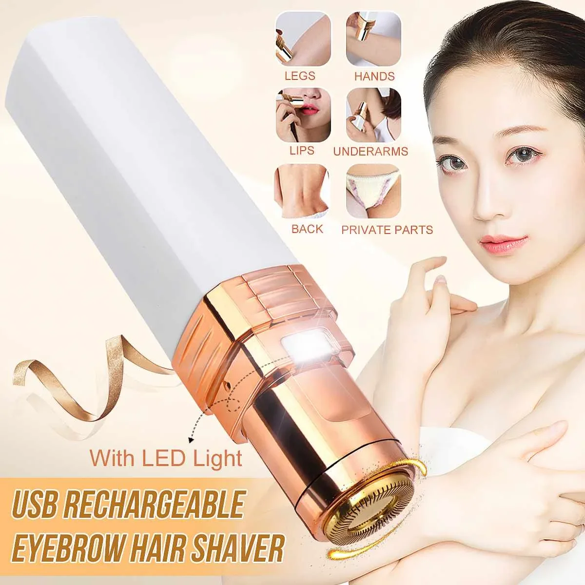 Depiladora eléctrica recargable por USB para mujeres, recortador de cejas faciales, removedor de vello, afeitadoras de luz LED, herramienta de eliminación de cara y cuerpo, 2 en 1