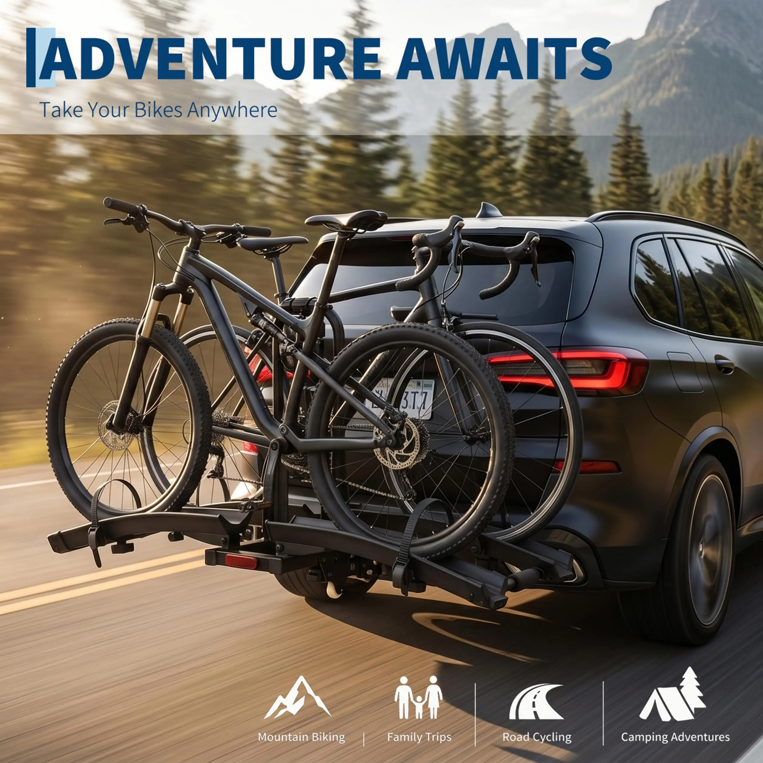 E Bike Rack Hitch Mount For 2 Bikes, 200 Lbs Capacity With Retractable Ramp, 2 Inch Receiver, Anti Wobble And Tilting System For Trunk Access, Folding Design For Storage