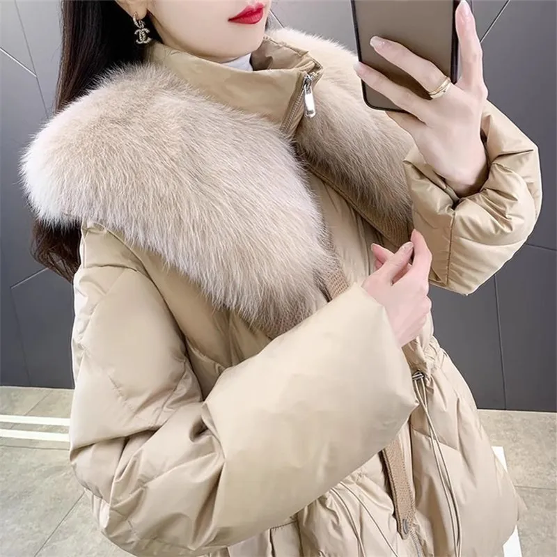 Cotton-padded Jacket with Big Fur Collar for Women Lace-up Jackets Vintage Female Clothes High Quality Winter Outerwears 2025