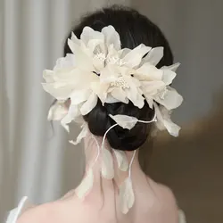 Elegant Bridal Headwear for Wedding Ceremonies - Beige Flower Hairpiece with Crepe Hair Flower