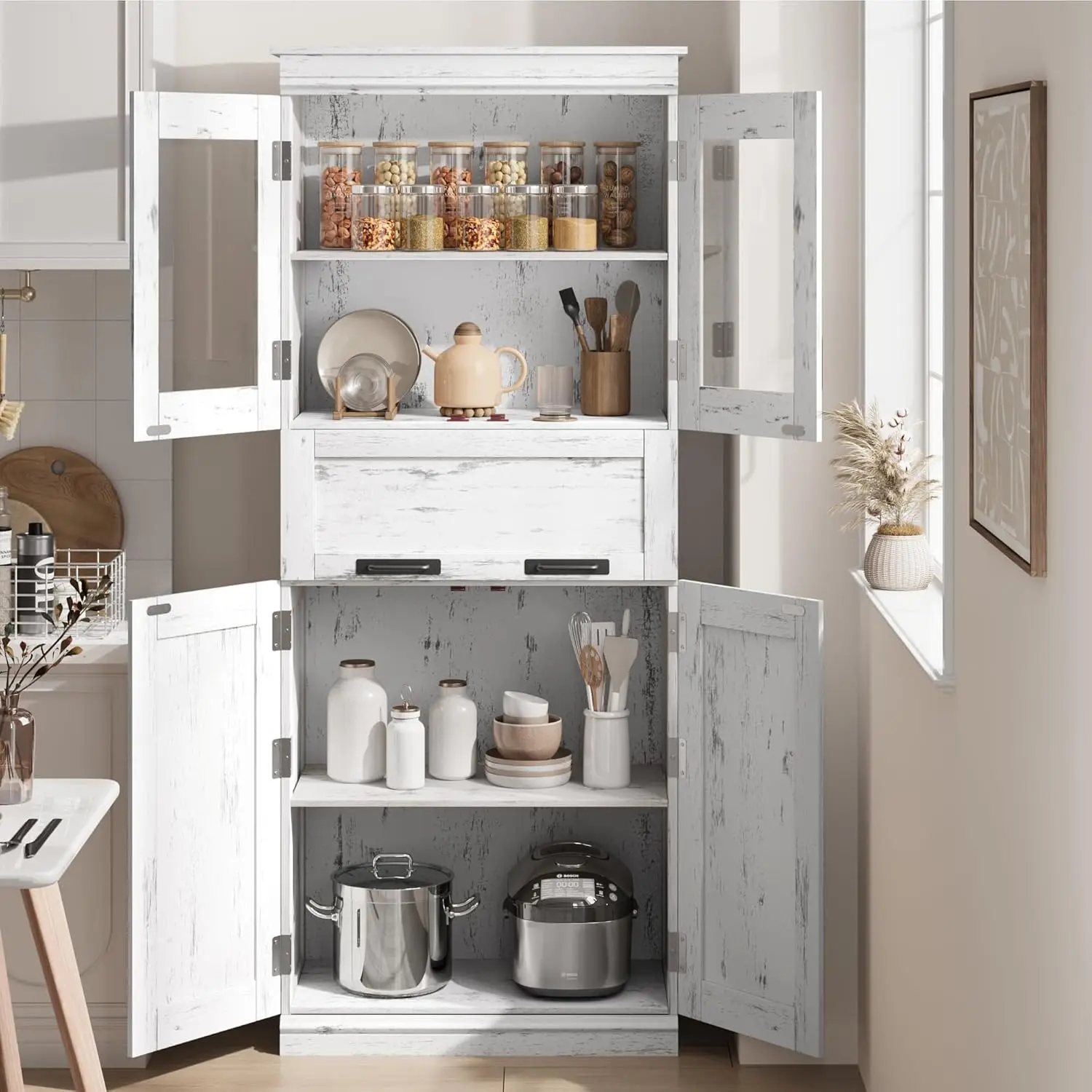 

Tall Bathroom Cabinet, Storage Cabinet with Glass Doors and Adjustable Shelf, Freestanding Kitchen Pantry Storage Cabinet