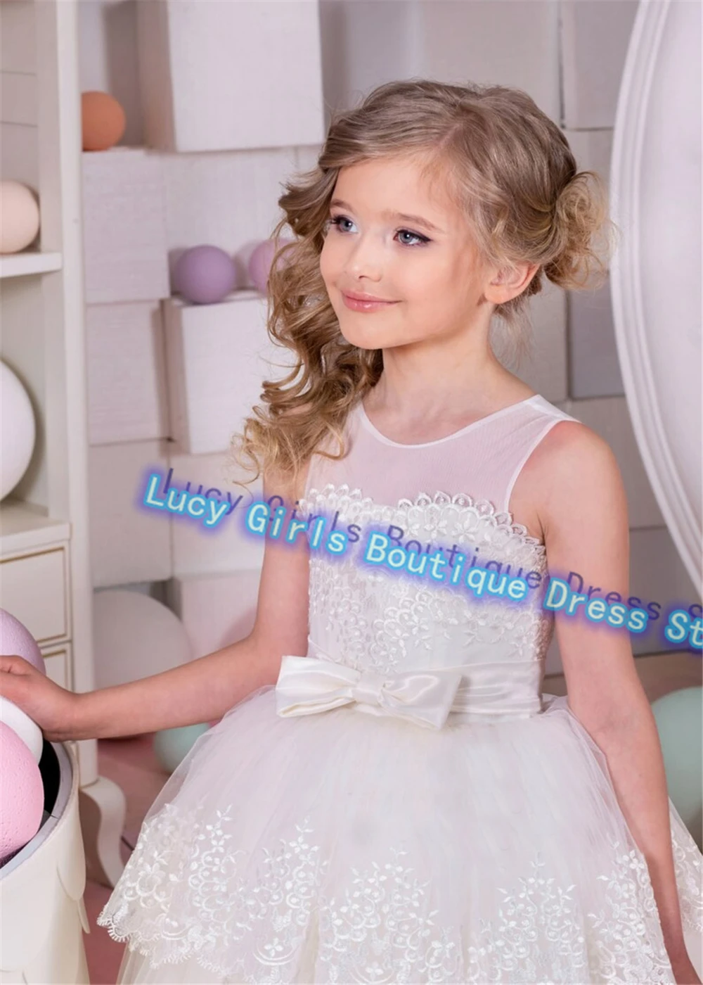 Vestido elegante de encaje con estampado de flores para niña, princesa de color marfil de calidad con cinta de lazo, vestidos de fiesta de cumpleaños personalizados