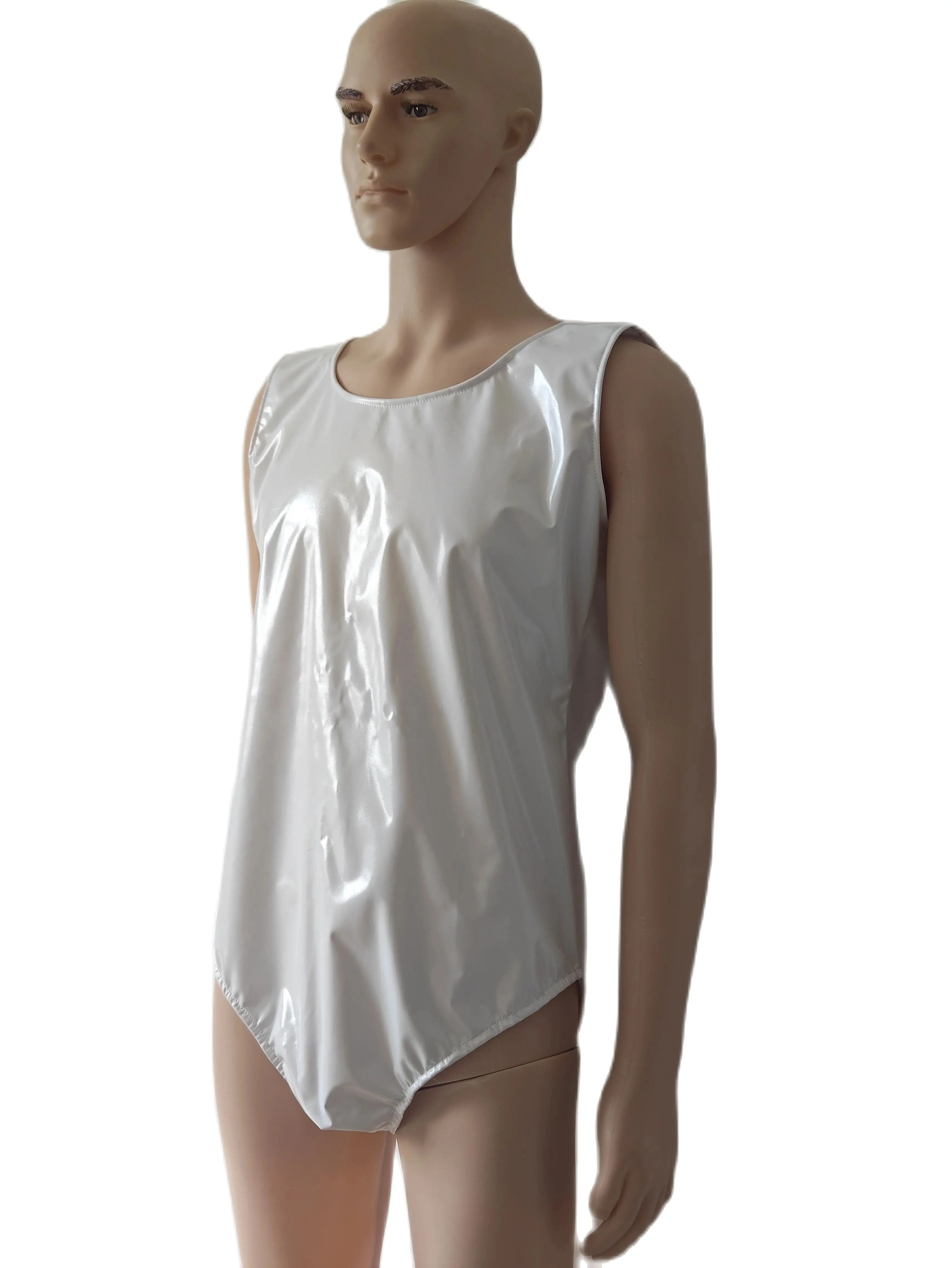 wetlook White color PVC faux leather Bodysuit mens Sleeveless One Piece Bodysuit Shapewear PU catusit for party Clubwear