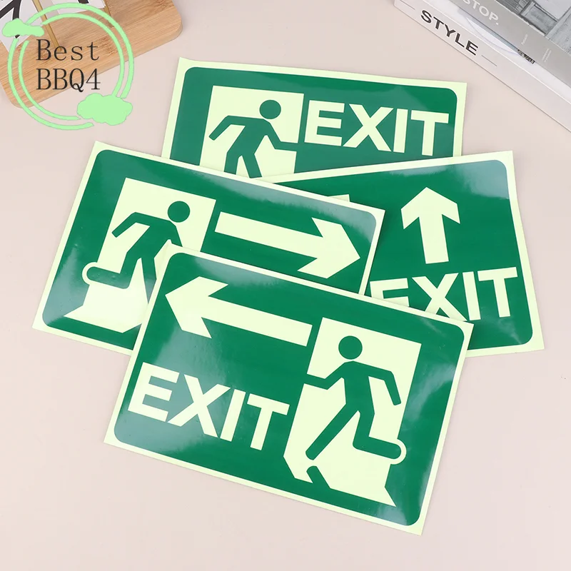(BBQ4)Glow In Dark Exit Sign Luminous Security Sticker Wall Safety Adhesive Fire Evacuation Directional Night Signage