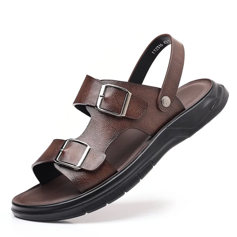 

Belt Buckle Designer Leather Sandals for Men Solid Color Fashion Casual Beach Shoes Male Summer New Slippers Shoes Man