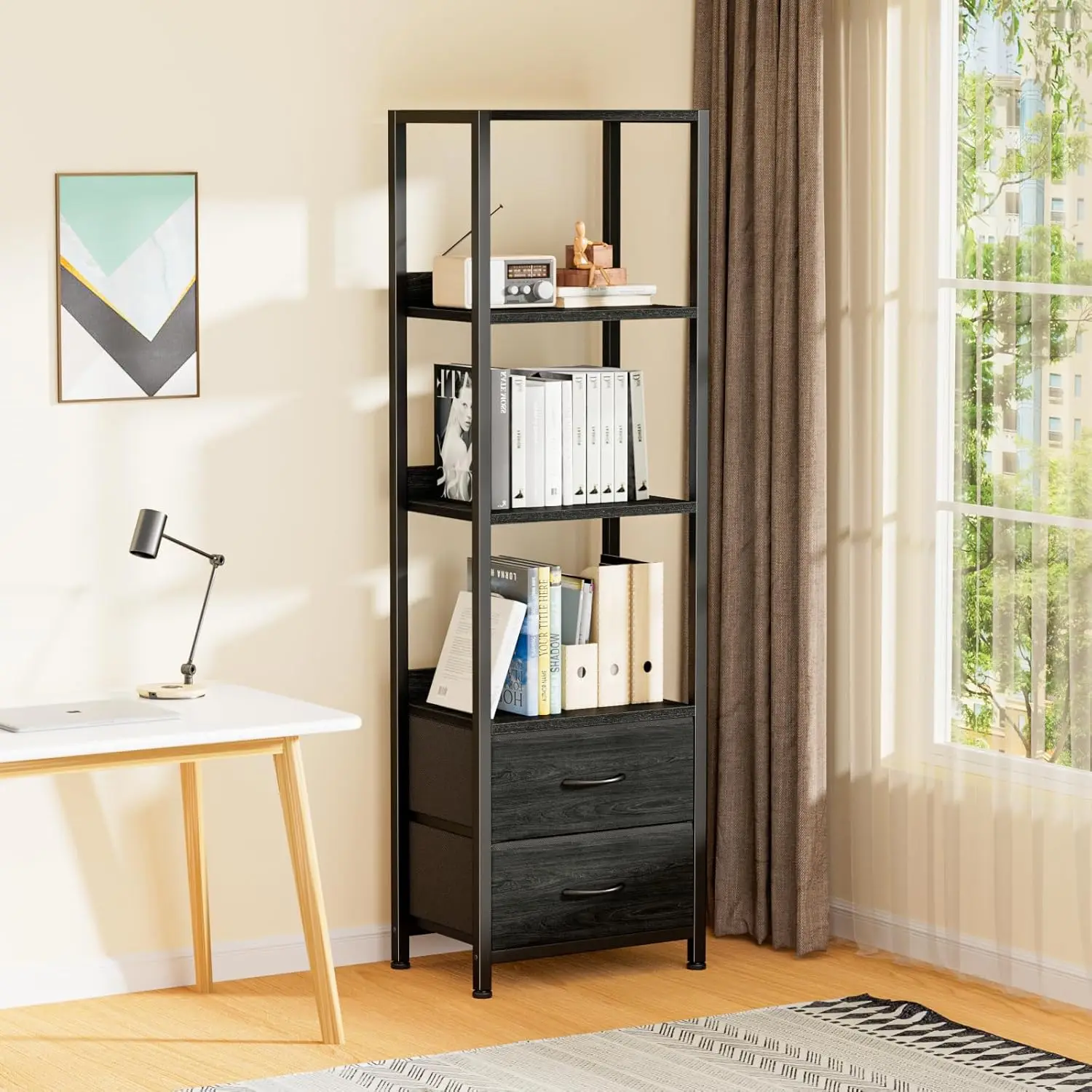 4-Tier Corner Shelf, Bookshelf with 2 Storage Drawers, 57.28”Tall Narrow Bookcase, Standing Shelf Organizer Unit for Living Room