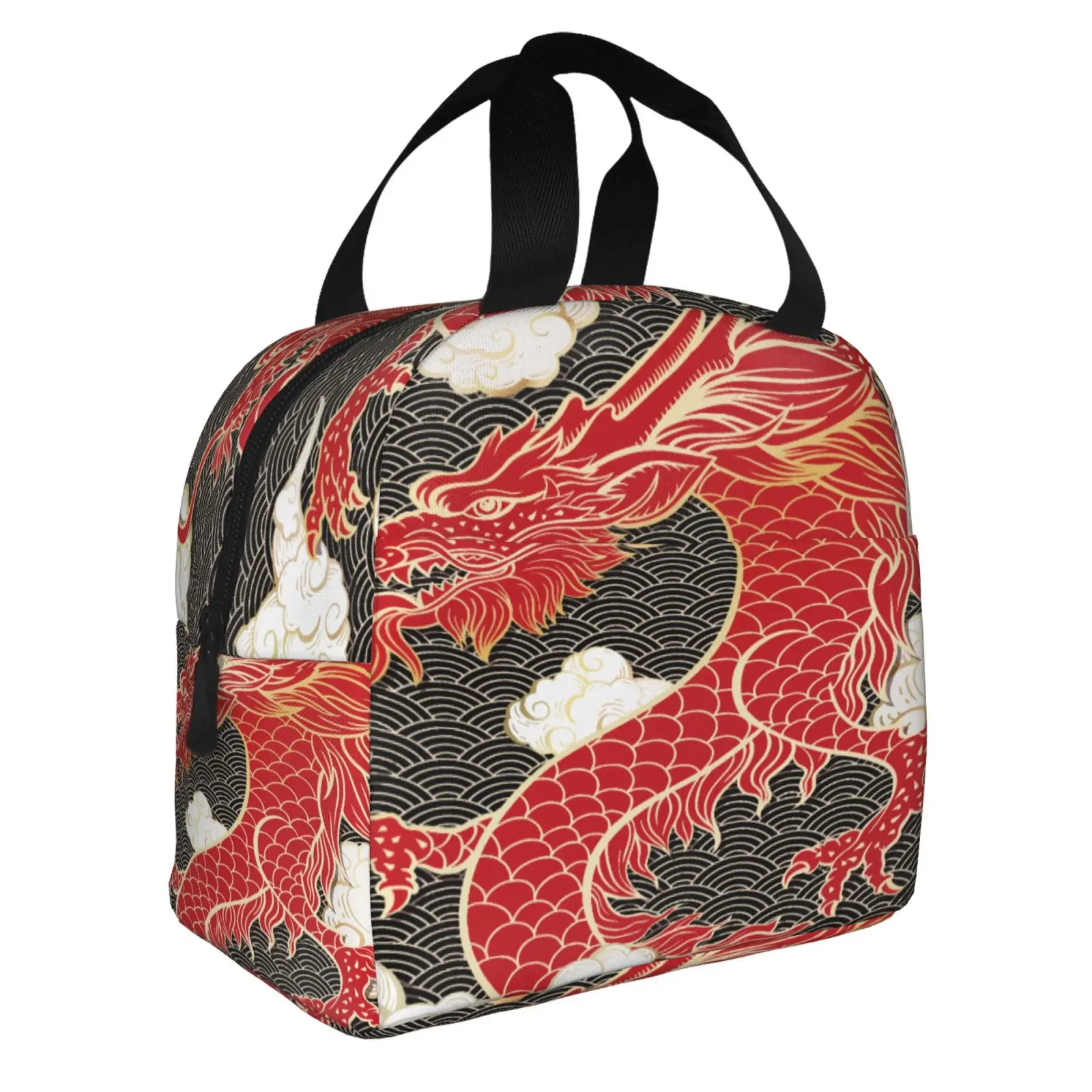 Chinese Red Dragon Totem Pattern Portable Lunch Boxes Waterproof Thermal Cooler Food Insulated Lunch Bag Kids School Children