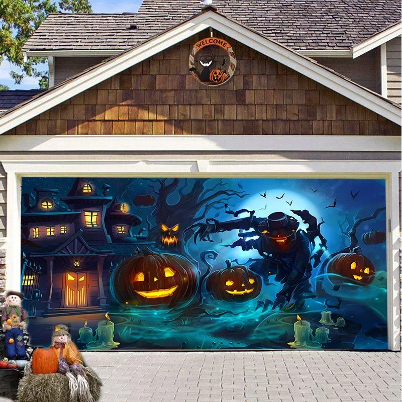VIKAMA Halloween Garage Door Banner Ghost - ديكور خارجي كبير خلفية مثالية للحفلات والاحتفالات والعطلات