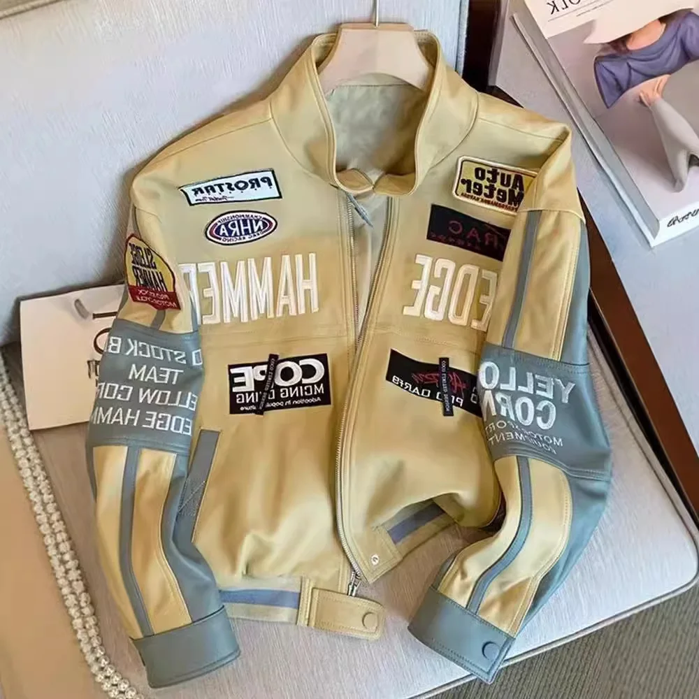 Retro Amerikaanse motorfiets PU-leer Jaet Heren Dames Herfst Winter Heavy Du Baseball Sle Faion Sensation Streetwear