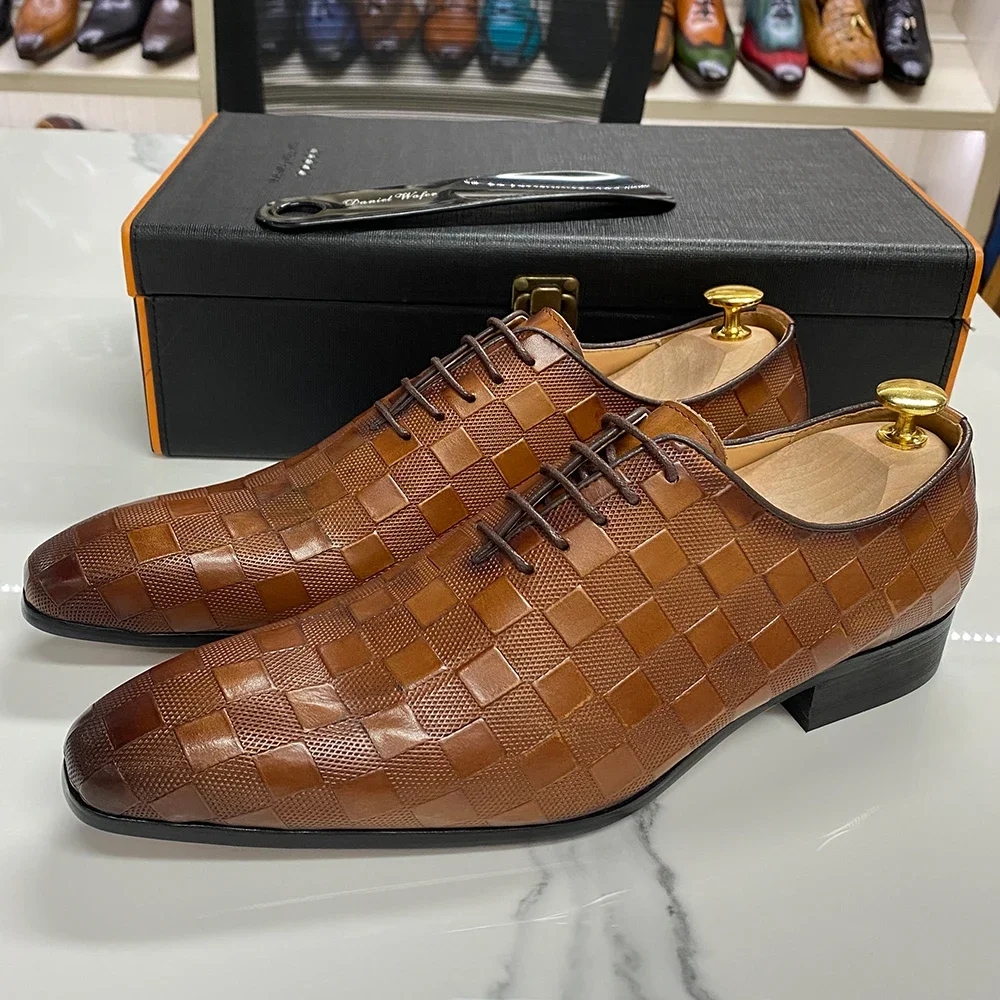 

Luxury Italian Handmade Men's Oxford Dress Shoes Black Leather Plaid Print Lace-Up Formal Wedding Office Shoes for Men