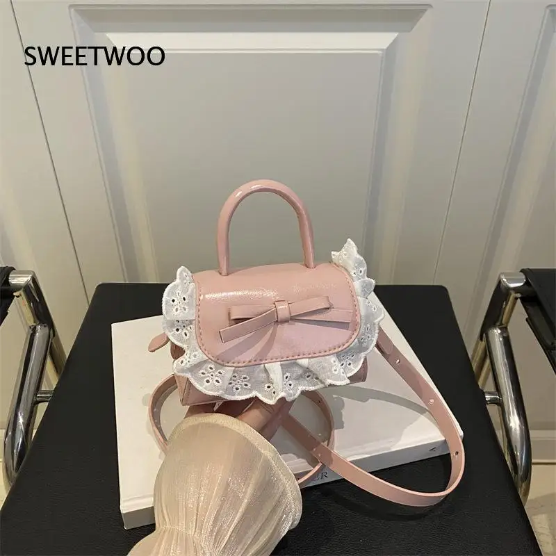 Women Sweet Mini Handbag Bow Ornament Lace Ruffle Edge Glossy Surface Portable Top Handle Purse Removable Crossbody Bag