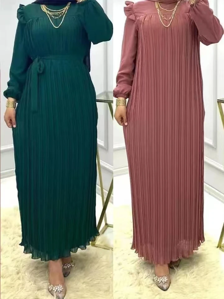 

2023 New Arrival Women Dress Pleated Chiffon Abaya Morocco Solid Robe Elegant Evening Party Kaftan Islamic Abayas