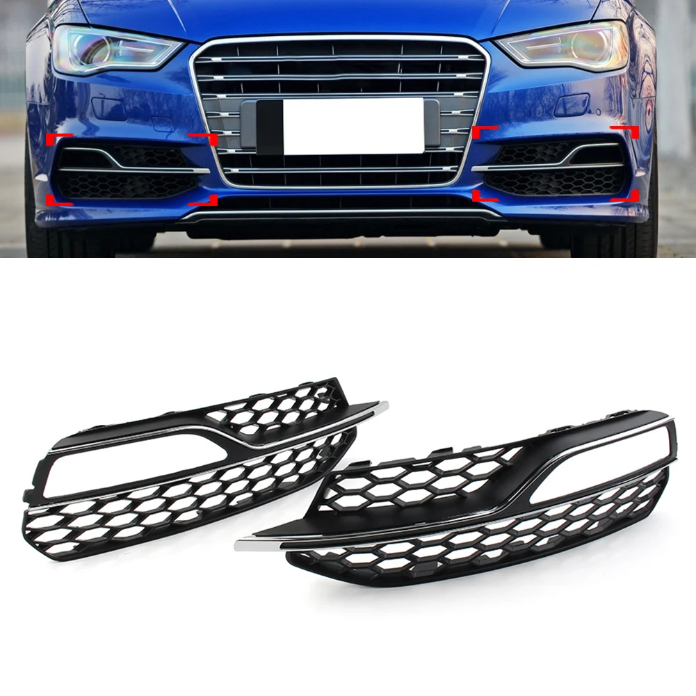 

2Pcs ABS Car Honeycomb Mesh Front Bumper Fog Light Grille Cover With Chrome Trim For Audi A3 S-Line S3 2013 2014 2015 2016 2017