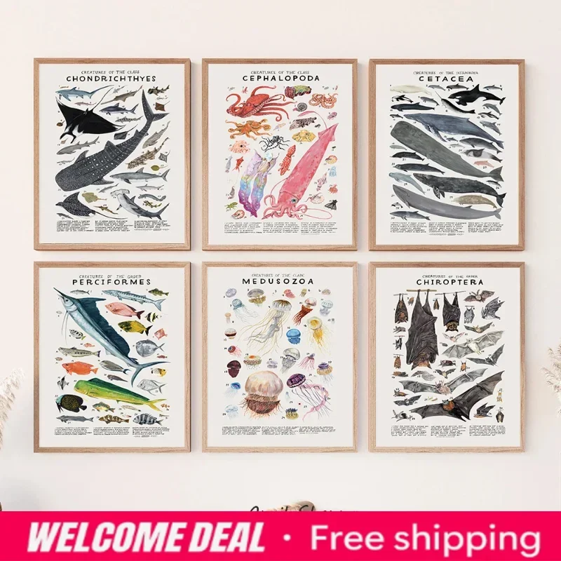 Abstract Marine Organisms Jellyfish Whale Squid Fishes Posters Canvas Painting and Prints Wall Art Picture for Room Home Deco