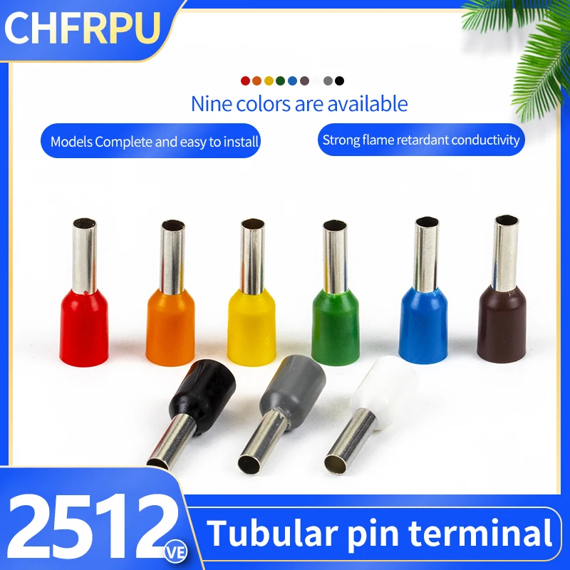 CHFRPU Tube type purple copper terminal block VE2512 2.5mm 100pcs Cold press wiring pin type Cold pressed wiring pin terminal