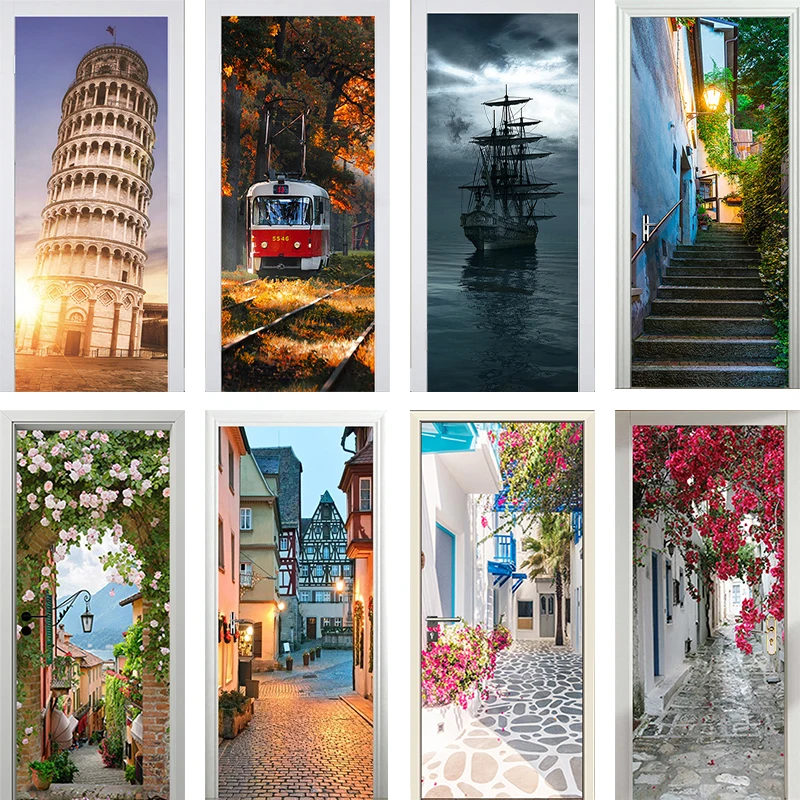 

Leaning Tower of Pisa door stickers Retro street home bedroom decoration wallpaper decals PVC posters mural