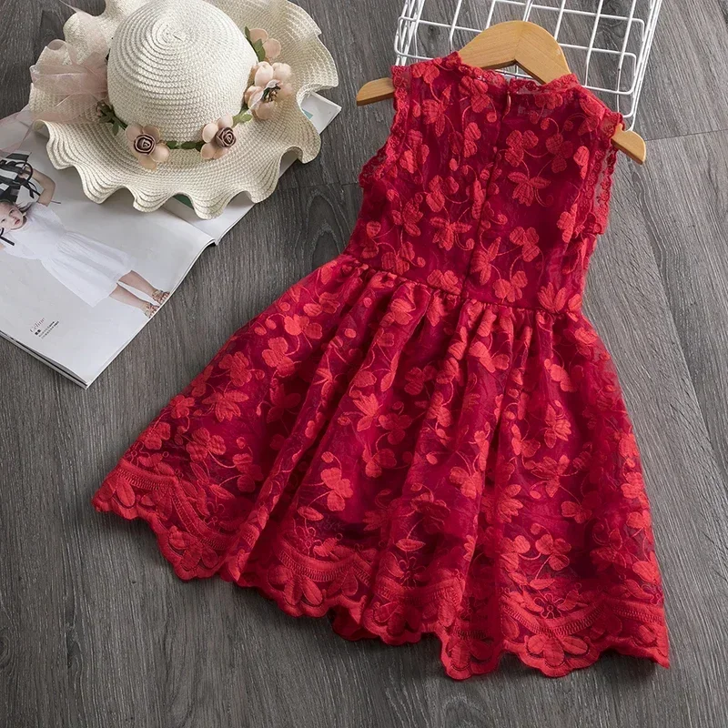 Summer Dress for Girls Sleeveless 3-8Y Kids Flower Lace DressesChildren Casual Clothing Red Christmas Birthday Party  Baby Dress