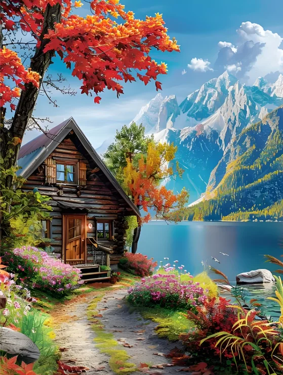 Autumn Nature Jigsaw Puzzle 500/1000/1200/2000PCS Wooden Cabin Lake Snow Mountain Red Maple Wildflower Landscape Stress Relief