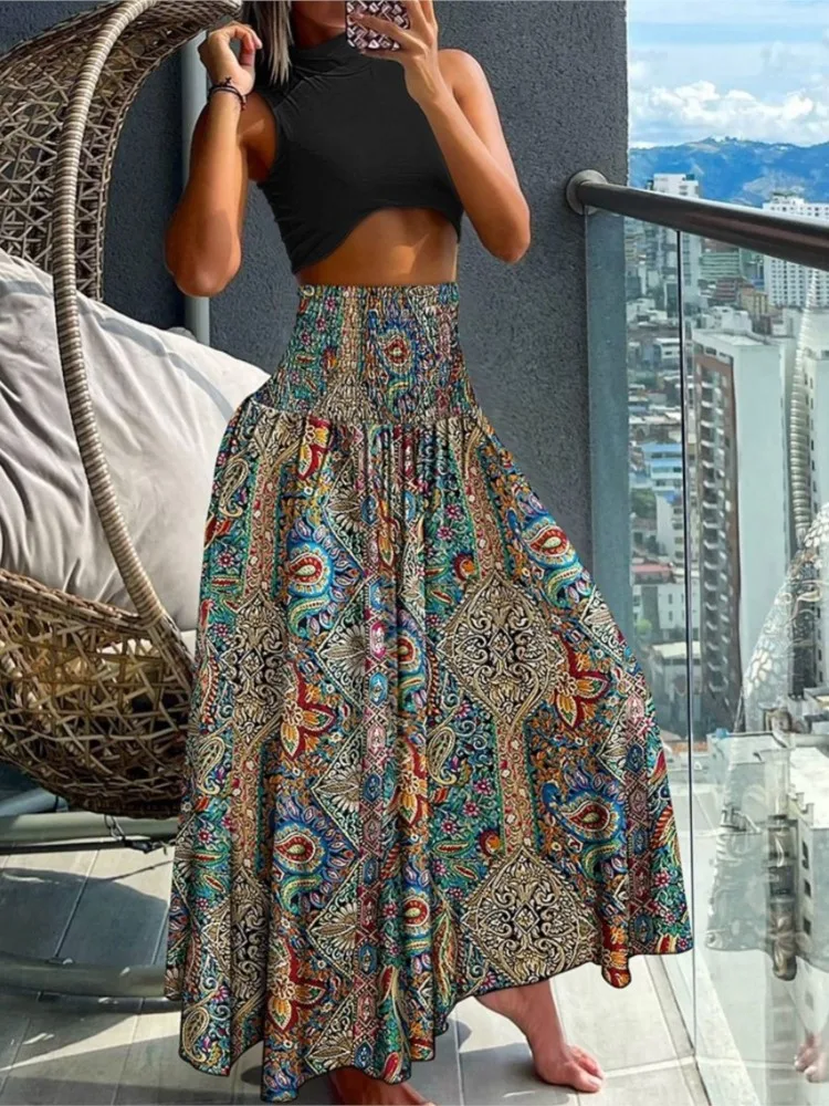 Summer High Waist Printing Elegant Skirt Women Fashion Boho Holiday Beach Skirt Female 2024 Casual Long Skirts