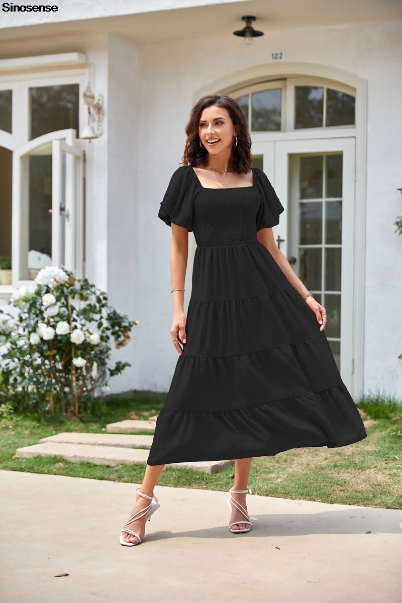 Women Summer Wedding Guest Coctail Party Dress Casual Flowy Beach Square Neck Puff Short Sleeve Smocked Tiered Boho Maxi Dress