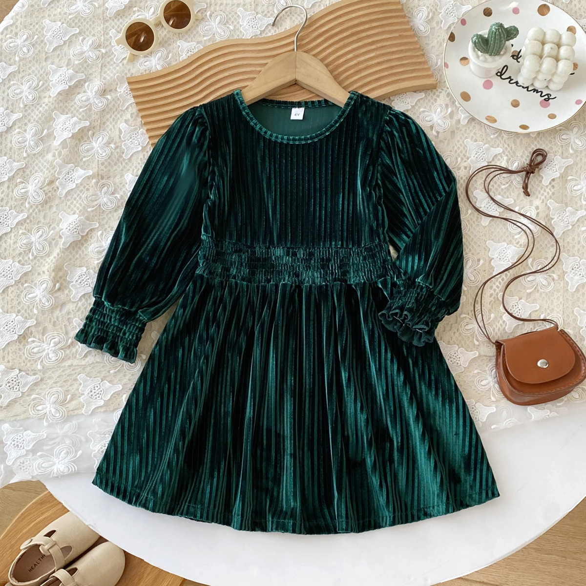 Kinderkleider für Mädchen, Herbst, Rundhalsausschnitt, Samt, Puffärmel, Freizeitkleid, Kinderkleidung, Mädchenkleidung – Detail 2