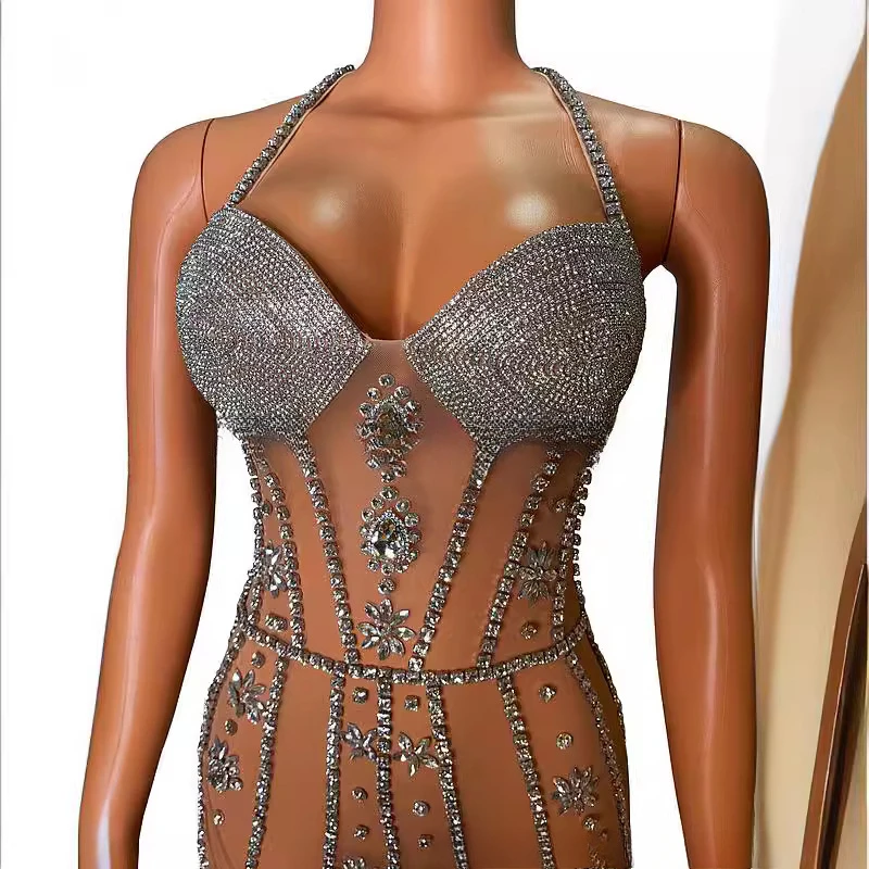 Vestido Sexy Glamour con tirantes y borlas de diamantes de imitación, vestido translúcido con diamantes para fiesta y Club, vestido de lujo para mujer, vestidos de fiesta para mujer 2025