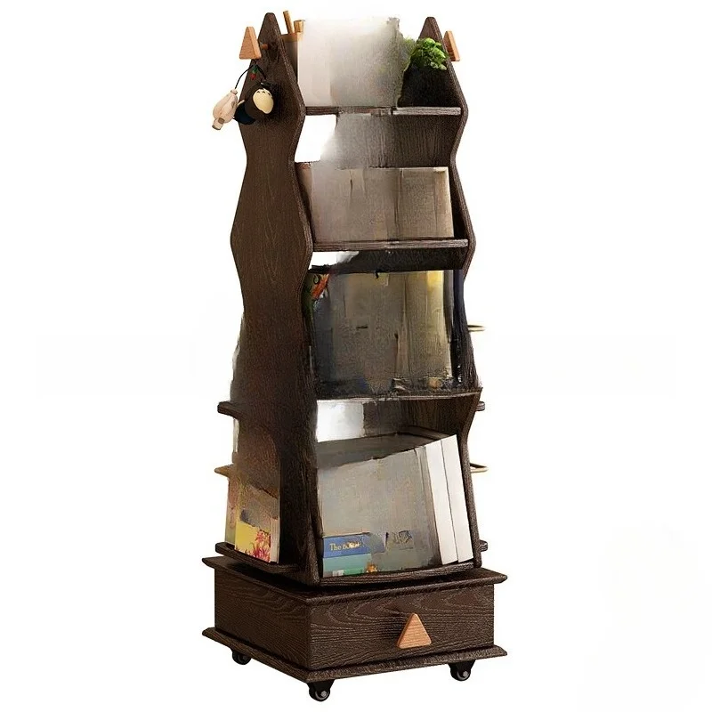 Solid wood bookshelf floor shelf 360 degree rotating bookcase integrated movable picture book rack