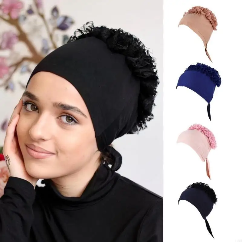 Large Muslim Hat Casual Lace Flower Decor Hat Hair Sleeping Wraps Lightweight Cotton Stretch Hats for Women F3MD