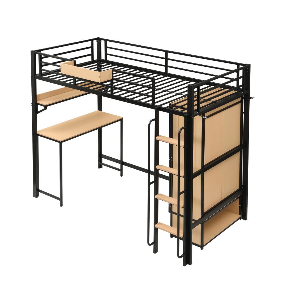 PINGGO Schwarz & Naturfarbenes Eisen-Etagenbett 90x200cm mit Kleiderschrank, Treppe, Schreibtisch, Staufächern, Metall, MDF, ohne Matratze – Detail 13