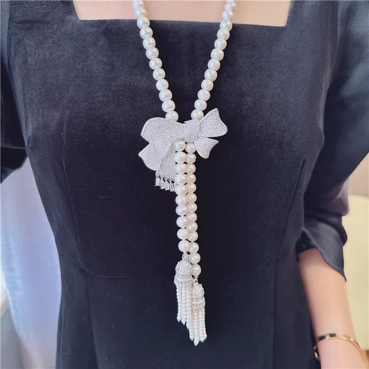 

Jewelry Freshwater Cultured White Pearl Necklace Bowknot Shape Cubic Zirconia Pave Tassel Pendant Handmade For Women