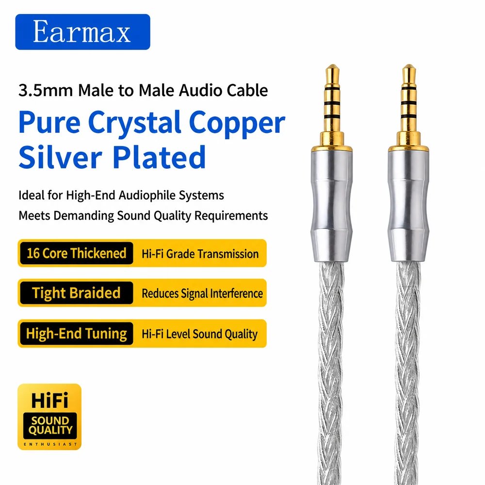 16 Strand OCC Silver Plated 3.5mm To 3.5mm AUX Interconnect Cable For Studio Monitor DJ Mixer Live Streaming