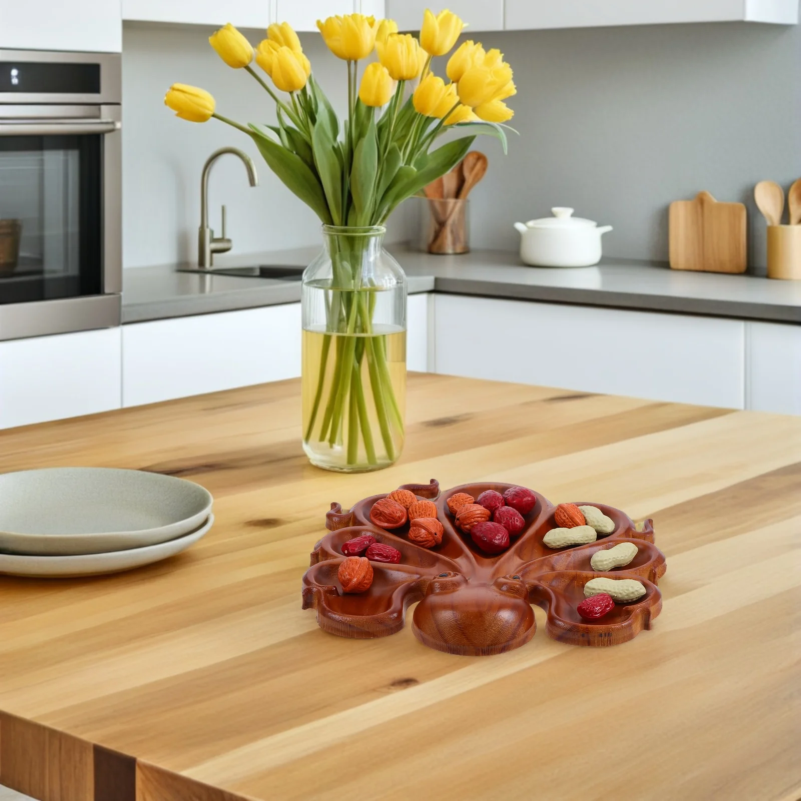 

Деревянный сервировочный поднос в виде осьминога, многофункциональная тарелка с фруктами, органайзер для закусок для вечеринки, декоративная тарелка для использования в помещении и на открытом воздухе, натуральный