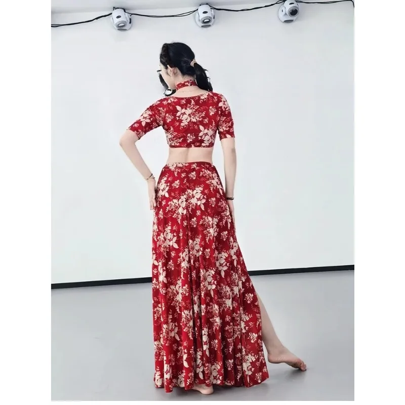 Trajes de dança do ventre personalizados vestido de prática 2025 novo conjunto vermelho e azul pit stripe impresso grande balanço saia conjunto dança oriental