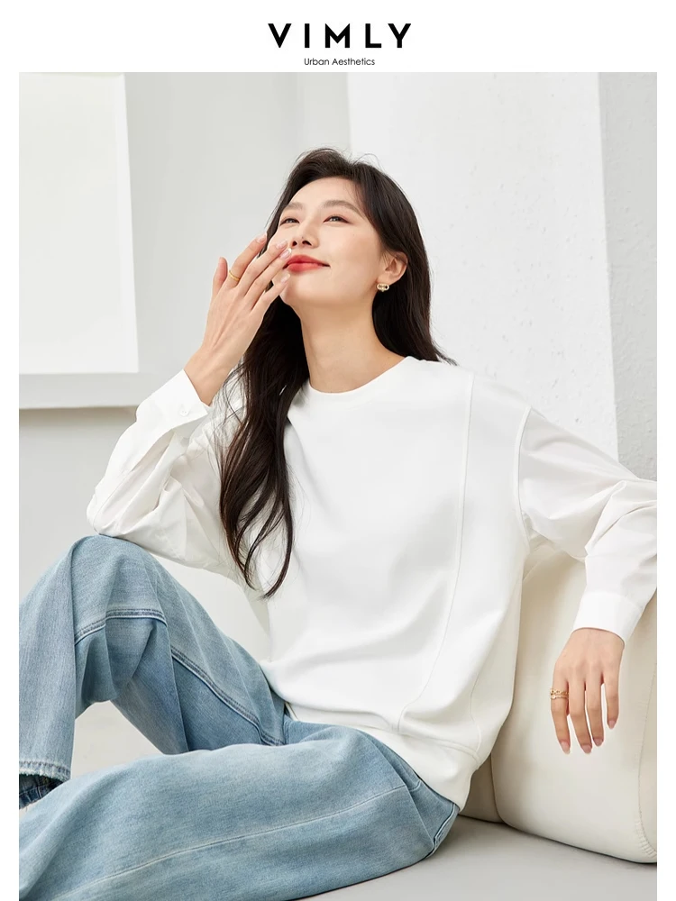 Vimly Spring Fashion White Sweatshirts Woman O-neck Casual Loose Pullovers 2024 Women\'s Long Sleeve Top Female Clothing M5836