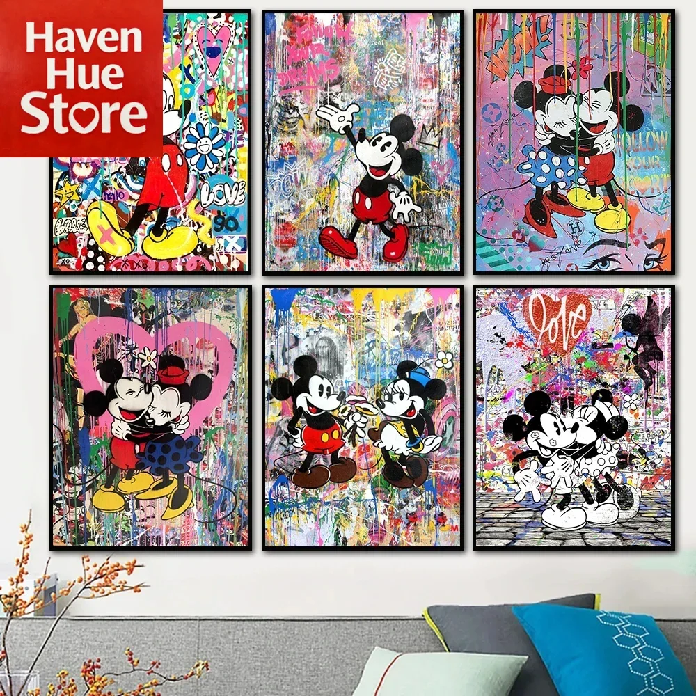 الكلاسيكية أنيمي ديزني الكتابة على الجدران ميكي ماوس الكرتون الجدار ملصق فني يطبع غرفة المنزل الحديثة ديكور قماش اللوحة الجداريات ، الإطار