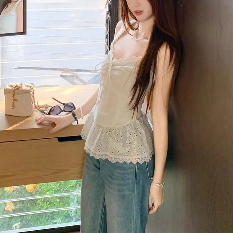 

Hotsweet Stylish Hollow Out Lace Camis Summer Slim Sleeveless Women's Clothing French Style Drawstring Solid Color Basic Tanks