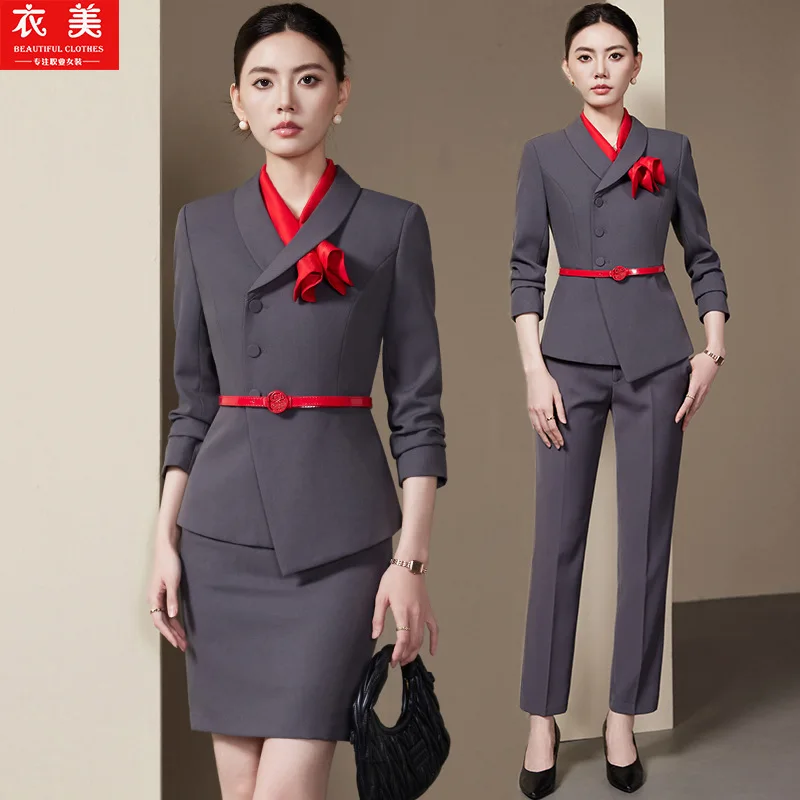 

Серый женский костюм, комплект2025, новая модная профессиональная одежда с длинными рукавами, ювелирный магазин, офисная рабочая форма на стойке регистрации, официальная одежда