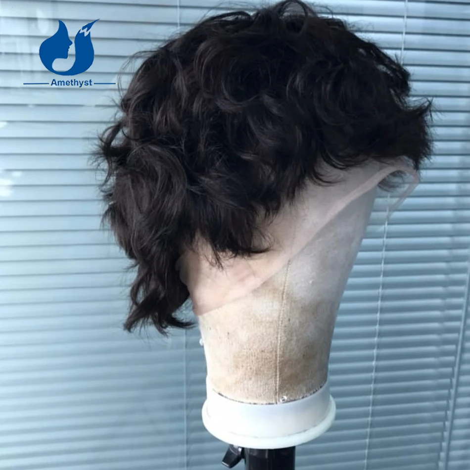 

Amethyst Curly Short Black Human Hair Wig Full Lace Cap for Men Swiss Transparent Lace Remy Brazilian Hair Pixie Cut