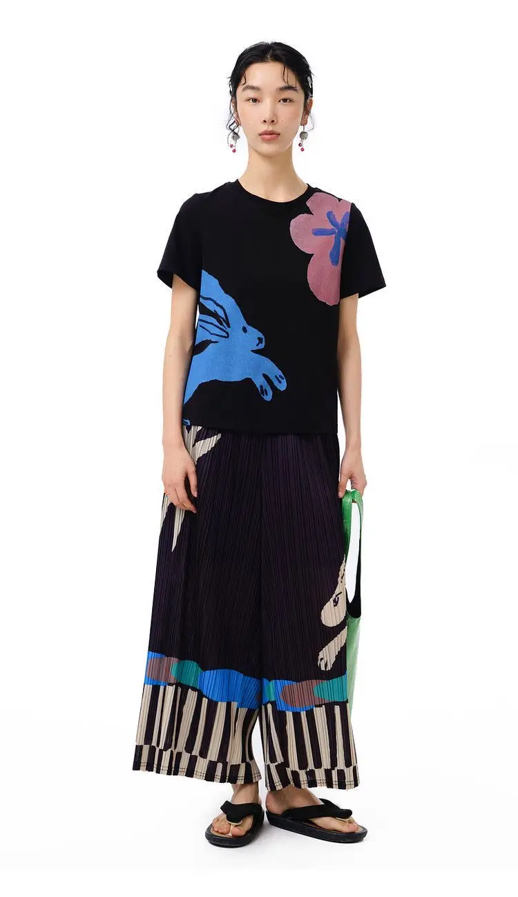 Pleated summer new FUN series elastic waist pocket fun printing casual straight-leg pants women trousers