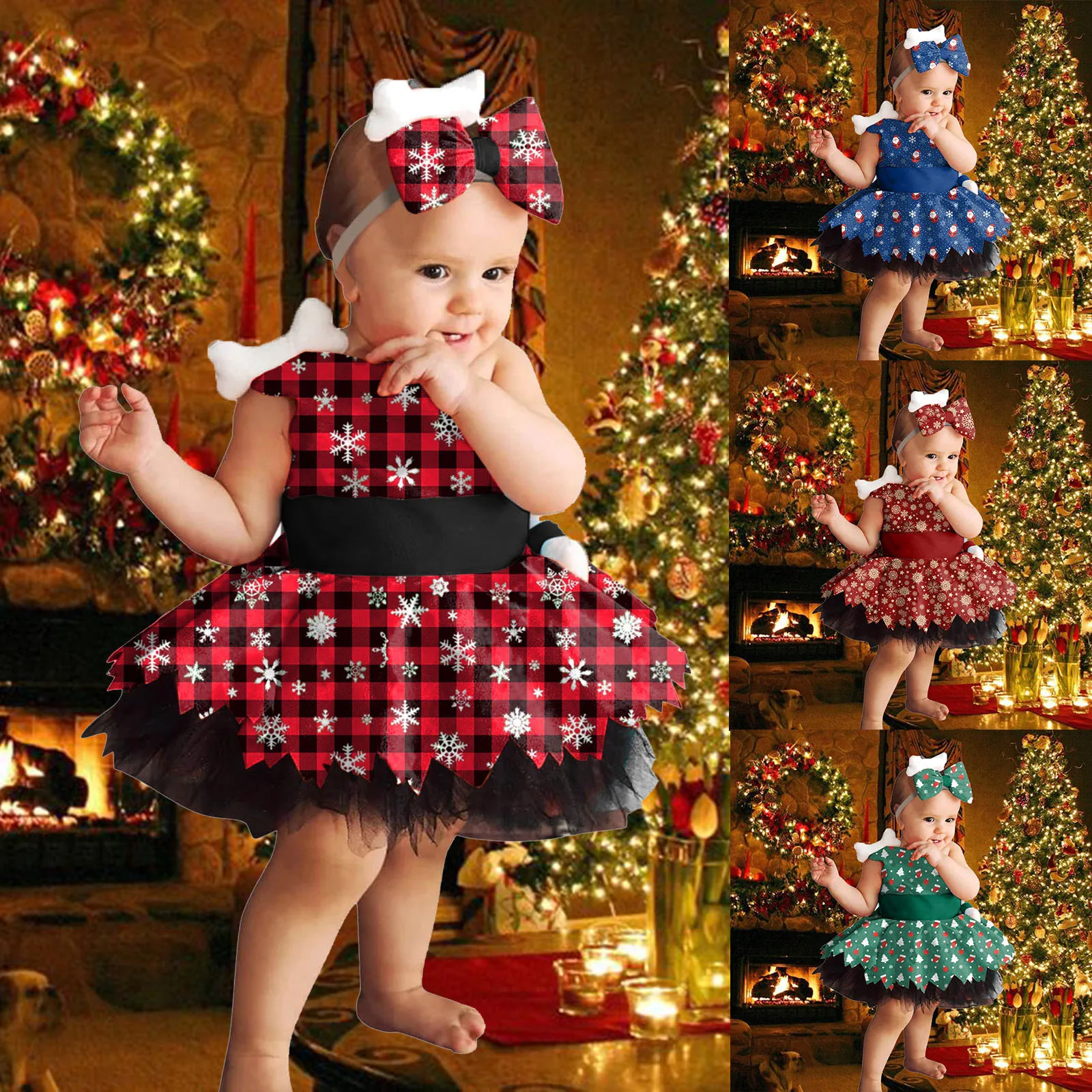 Kleinkind Kinder Weihnachtskostüm Baby Mädchen ärmellos Rundhalsausschnitt Schnee Print Mesh Tüll Kleid Neujahr Party Outfits Mädchen Kleider