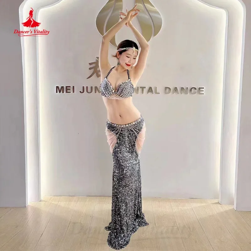 BellyDance-Costume de Luxe Personnalisé avec Soutien-Gorge et Jupe Longue à Paillettes, Vêtements de Performance Professionnelle